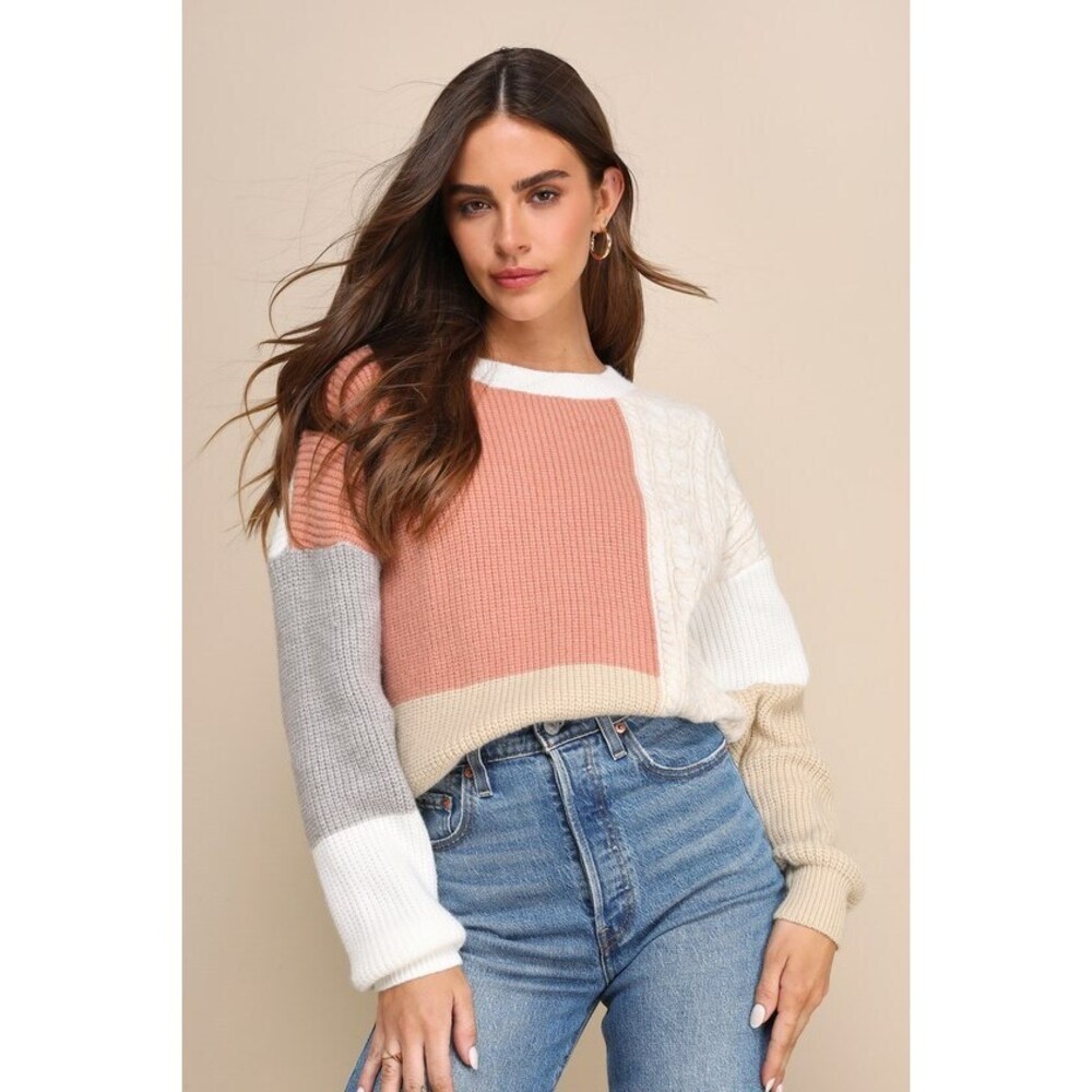 Lulus Adorable Expression Ivory Multi Color Block Cable Knit Sweater White
